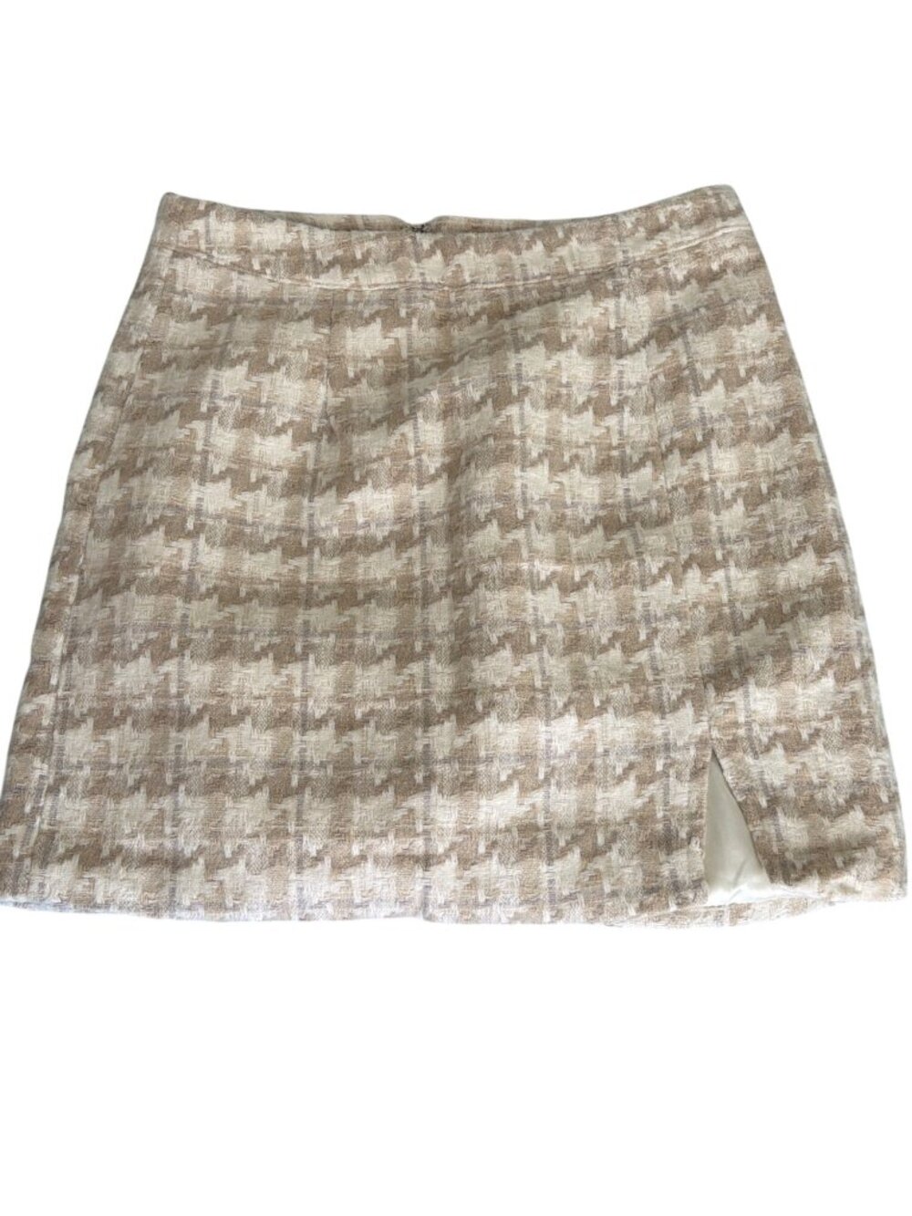 Entro Houndstooth Beige White Mini Skirt Side Slit Lined Back Zipper Sz M READ